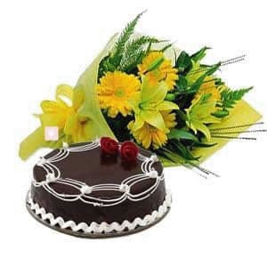 15 Yellow Gerberas Bunch with 1Kg Chocolate Cake